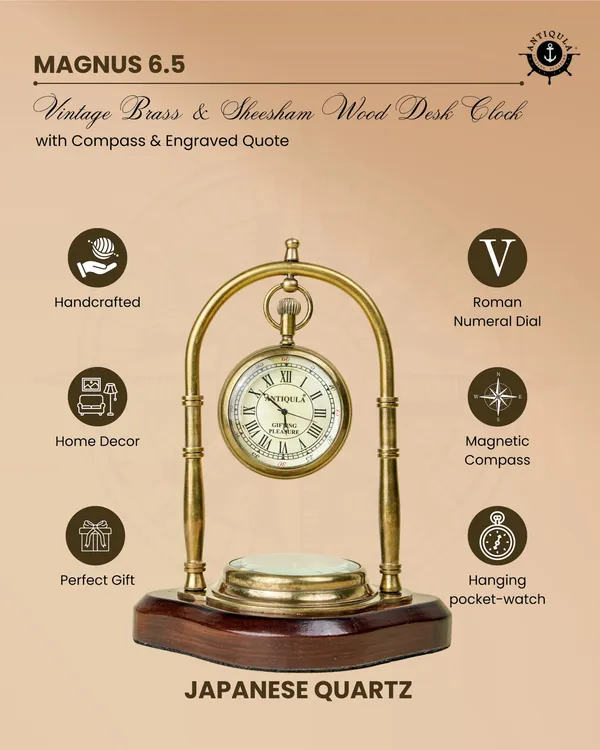 Antiqula_Magnus_6.5_Vintage_Brass_Sheesham_Wood_Desk_Clock_With_Compass_Engraved_Quote